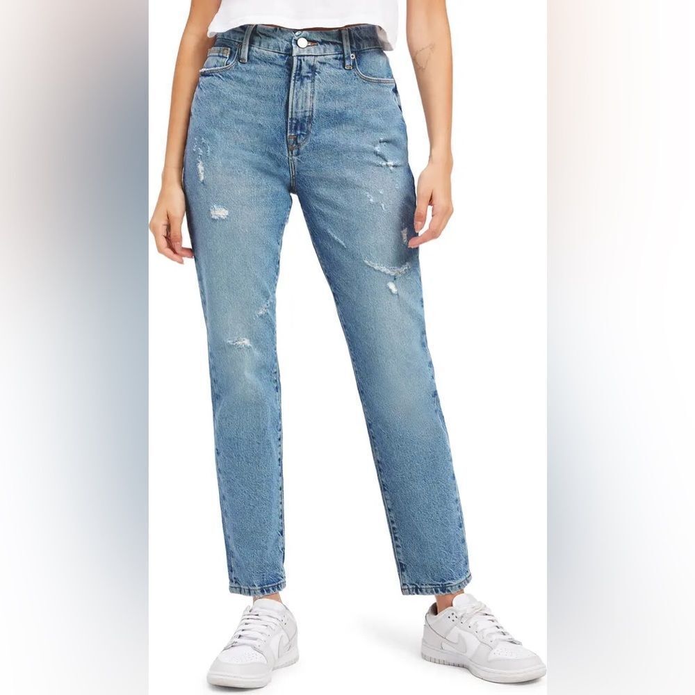 Good American Good Classic Light Wash Distressed High Rise Straight Jeans NWT 0